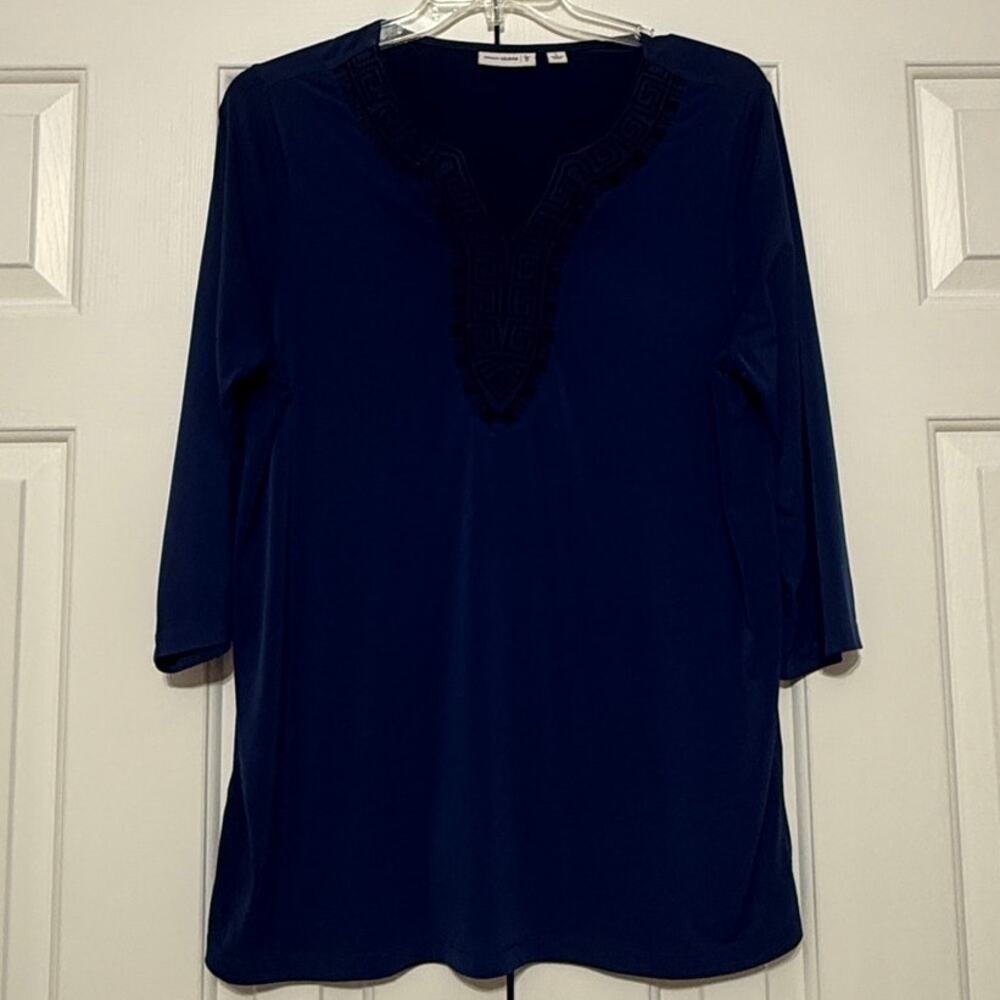 Susan Graver Liquid Knit 3/4 Sleeve Embroidered V-neck Tunic, Blue, Size L